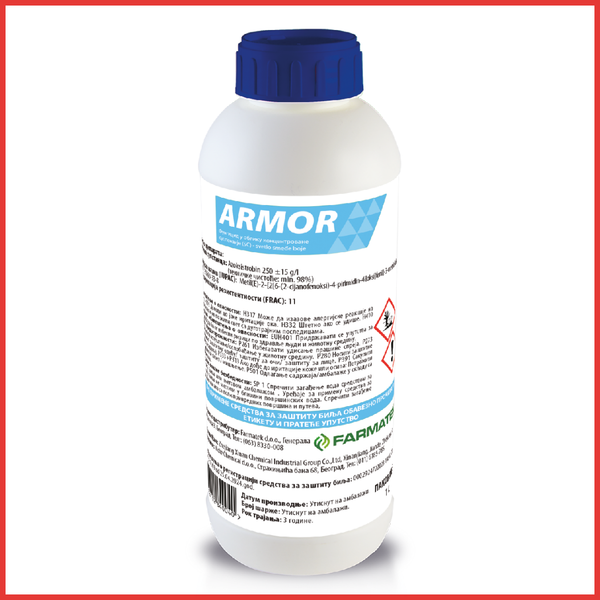 ARMOR EC je fungicid na bazi azoksistrobina (250 g/l) za zaštitu pšenice od pepelnice, rđe i pegavosti. Količina primene je 0,75 l/ha. Uspešno se meša sa ostalim fungicidima u cilj. | hibridi, pesticidi, fungicidi, herbicidi, adjuvanti, lepkovi, hemija, sredstva za zaštitu bilja, povoljna hemija, poljoprivredna apoteka, kukuruz, pšenica, suncokret, soja, repica, uljana repica, nabavka hemije, poljoprivreda, alteox, galenika, fuzarijum, rđa, pepelnica, sirak, širokolisni korovi, motika, prskalica, špricanje,